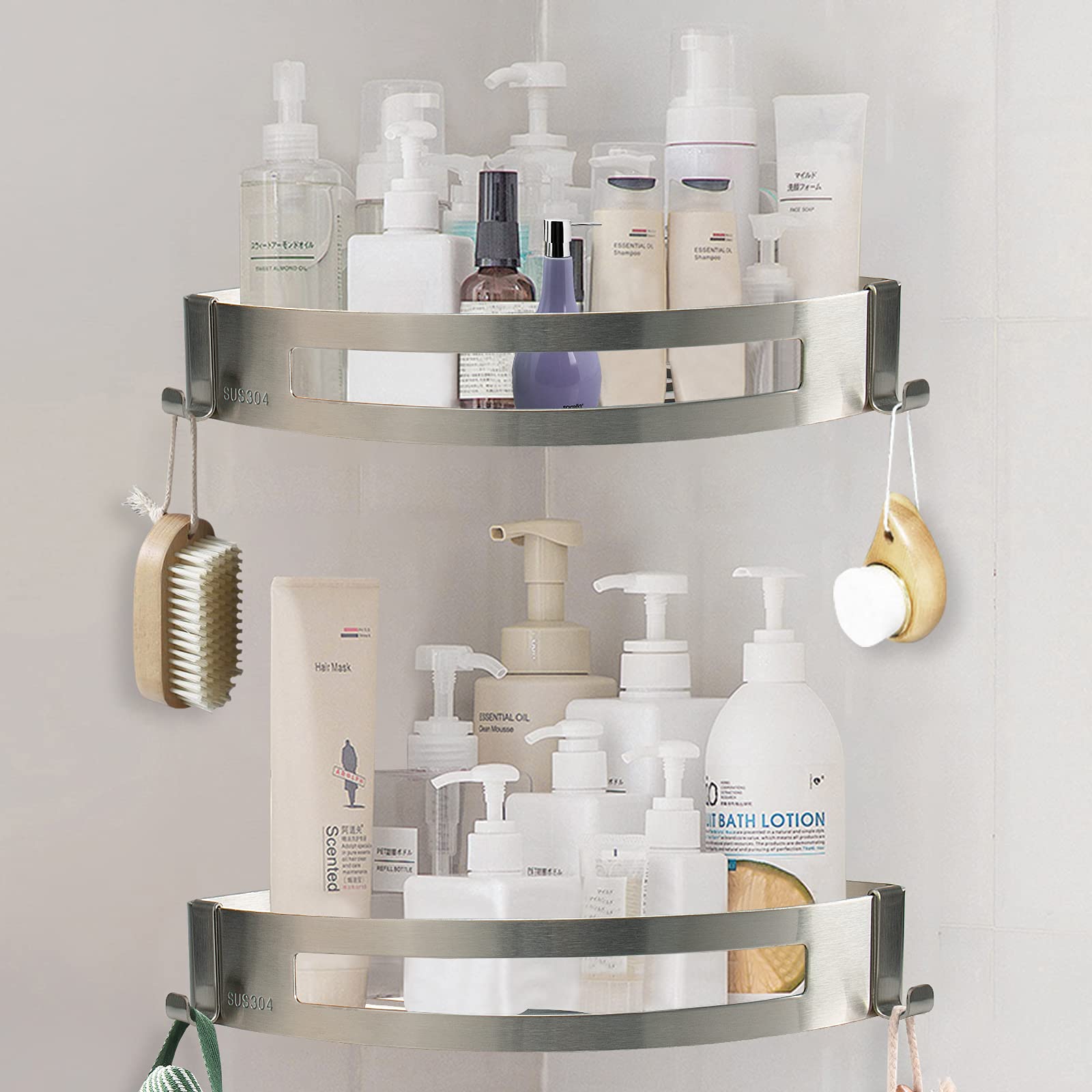 Nearmoon Bathroom Corner Shelf Shower Caddy 2 Pack, No Drill, 304 Stainless Steel, With Two Hooks (Brushed Nickel)